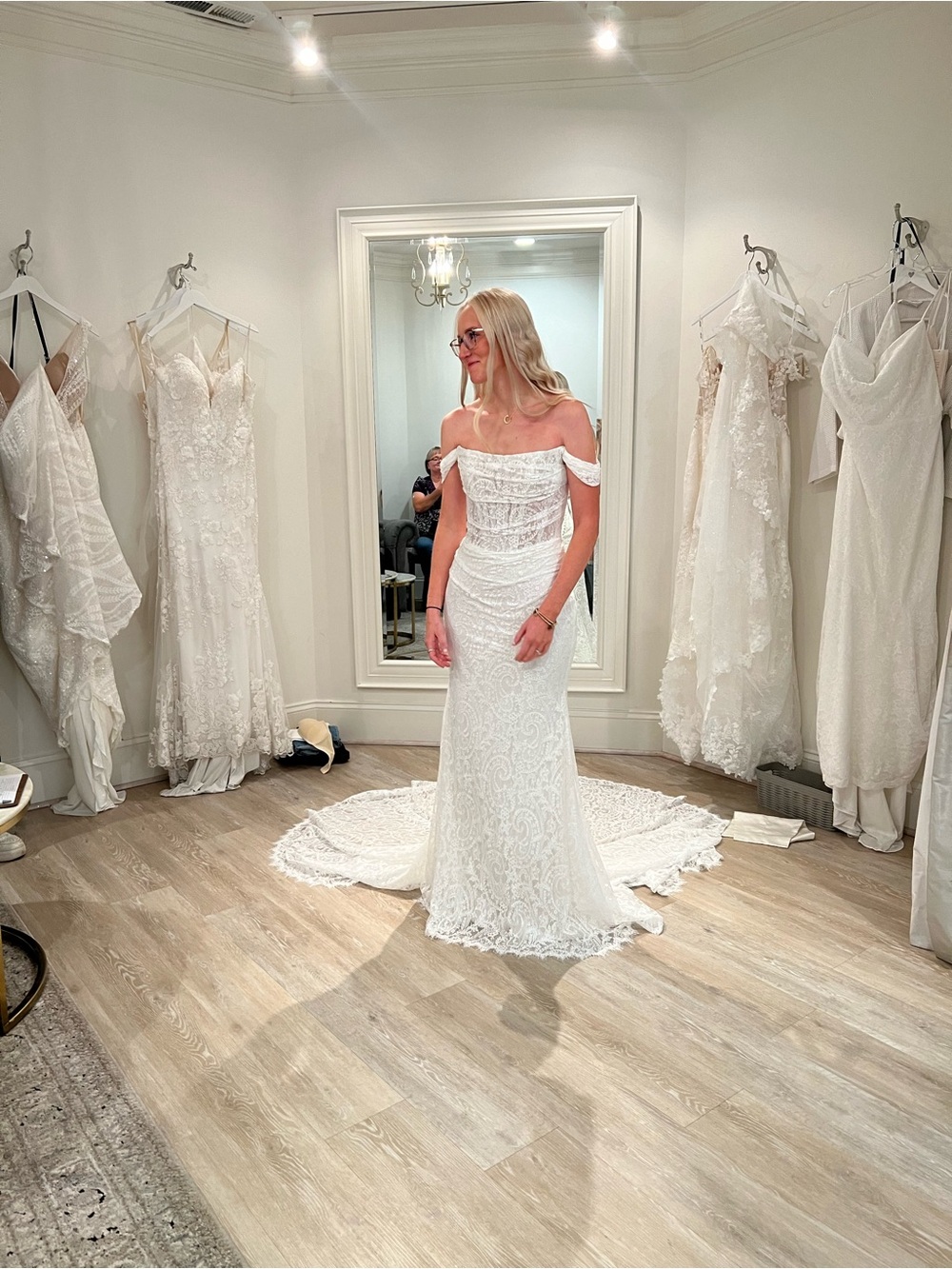 Off-Shoulder Lace Bridal Gown in White - Picture 2 of 2